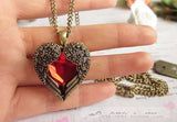 Red Rhinestone Vintage Women Peach Heart Wing Pendant Necklace Chain