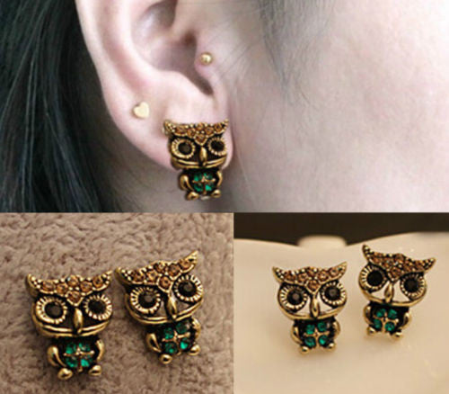 Owl Cute Jewelry Lady Fashion Style Rhinestone Vintage Ear Stud Earrings