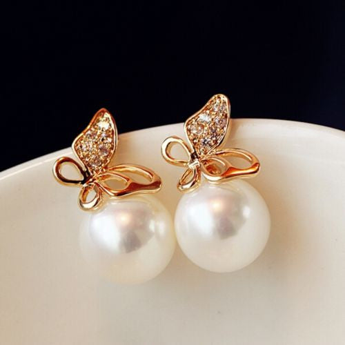 Fashion New Jewelry Women Crystal Gold Butterfly Pearl Ear Stud Earrings