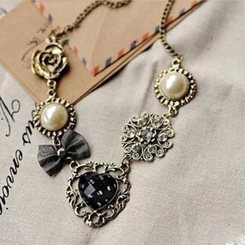 Fashion Vintage Pearl Flower Heart Rhinestone Bronze Chain Pendant Necklace