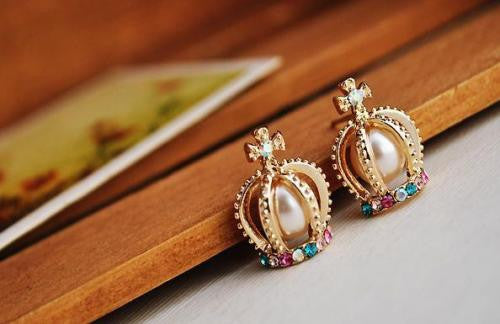 fashion Rhinestones Cross Crown Pearl Earrings