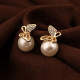 Fashion New Jewelry Women Crystal Gold Butterfly Pearl Ear Stud Earrings