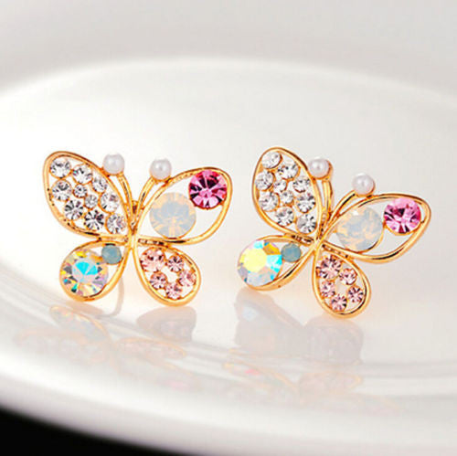 Women Fashion Cute Crystal Rhinestone Hollow Butterfly Ear Stud Earrings