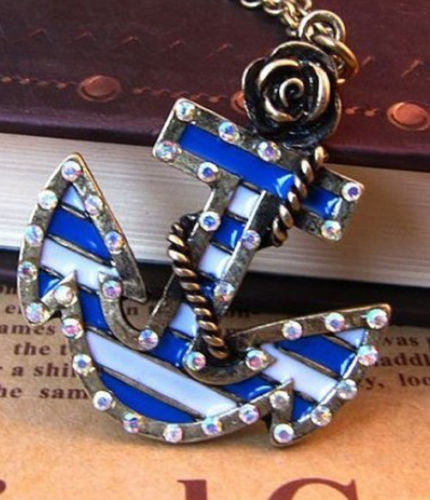 Fashion Charm jewelry Rose anchor Crystal vintage long Pendant Chain Necklace