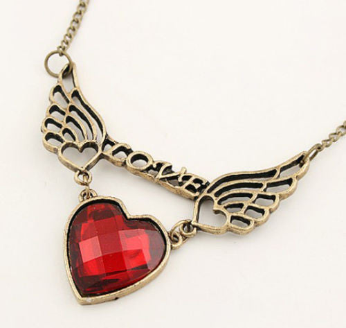 Fashion Charm jewelry Heart wings vintage Crystal long Pendant Chain Necklace