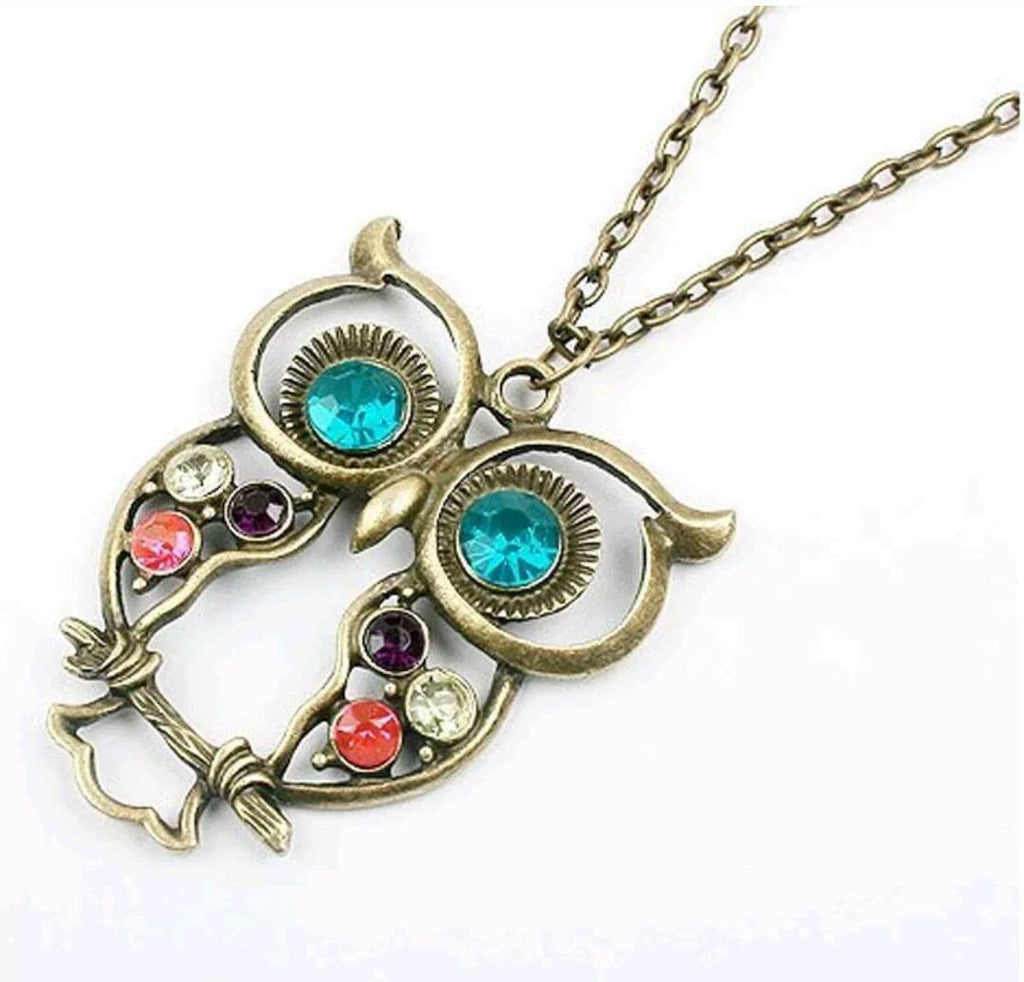 Retro Vintage Necklace with Abstract Big Eye Owl Pendant and Colorful Rhinestone