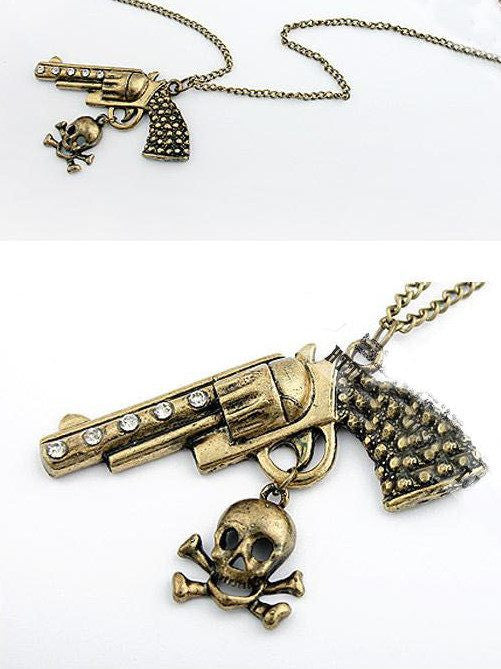 Fashion jewelry Pistol Skull Crystal vintage long Pendant Chain Necklace