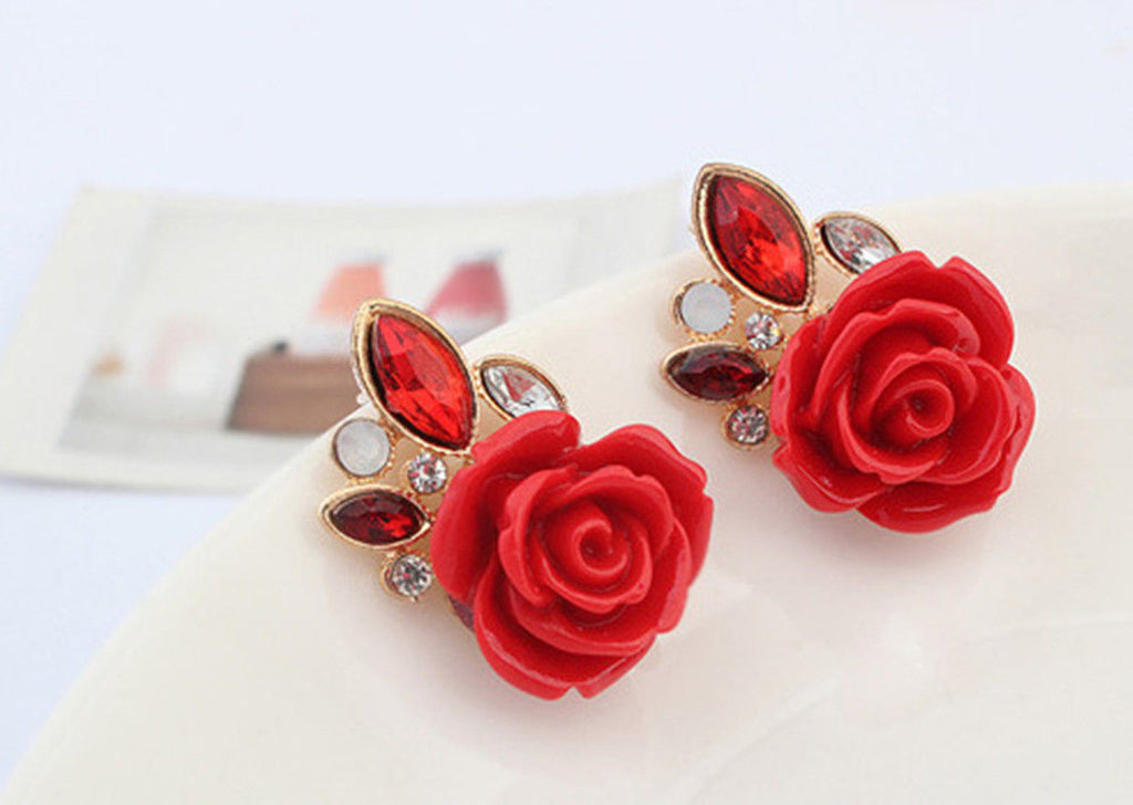 Fashion Women Lady Retro Crystal flower Rose Flower Stud Earrings