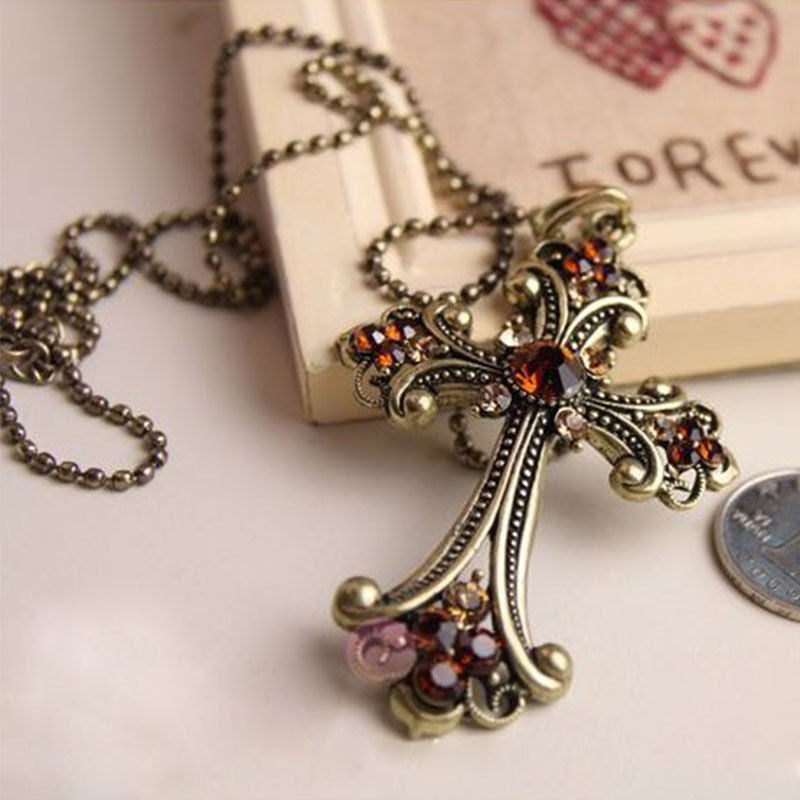 Women Unique Vintage Retro Fashion Crystal Cross Necklace Sweater Jewerly