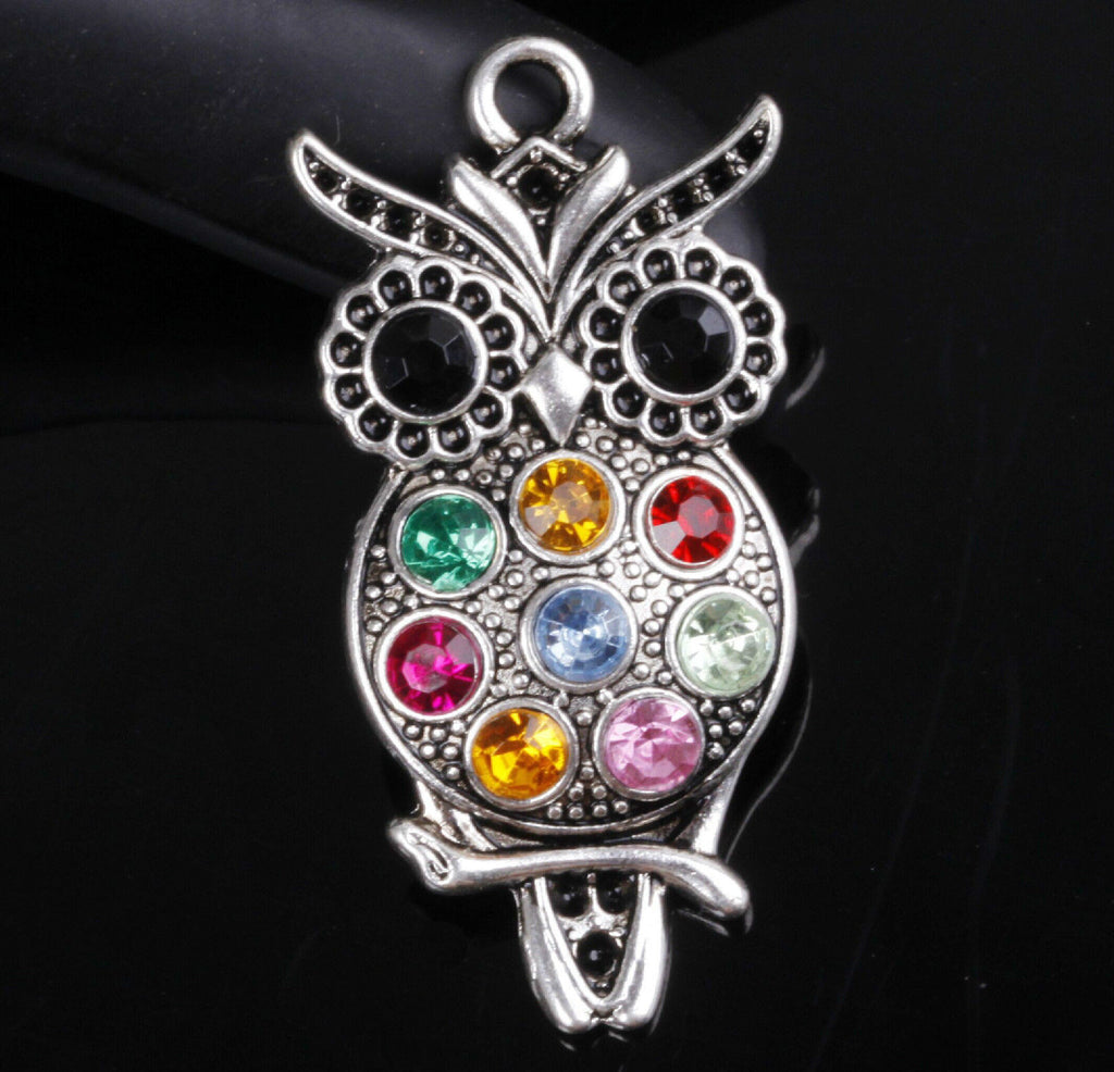 retro colorized crystal and antique silver owl necklace pendant