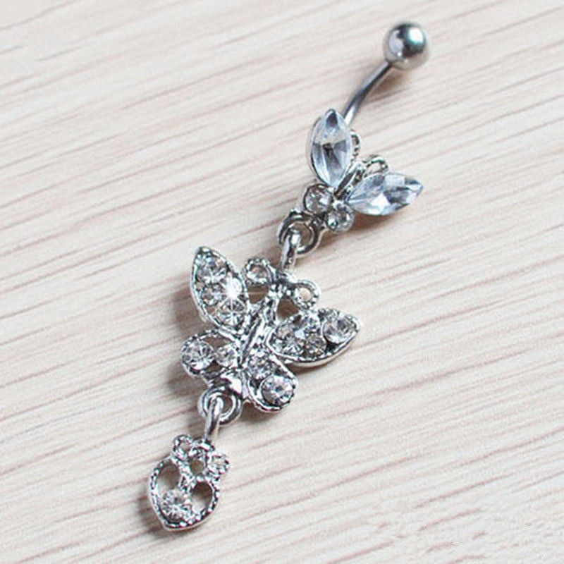 Crystal Butterfly Dangle Barbell Bar Belly Button Navel Ring Body Piercing