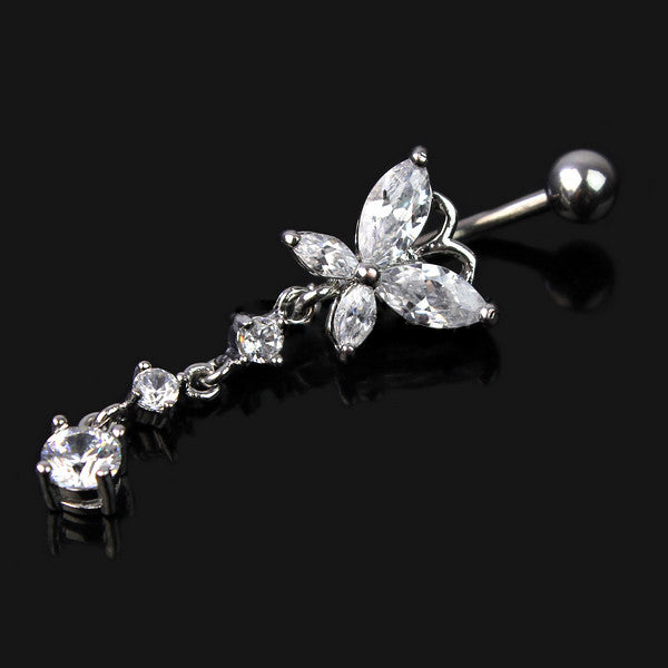 Crystal Butterfly Dangle Ball Barbell Bar Belly Button Navel Ring Body Piercing