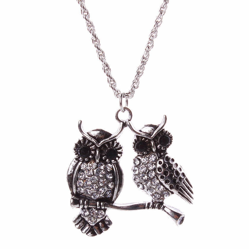 Retro White Crystal Double Owl Pendant Women Slim Chain Charm Necklace